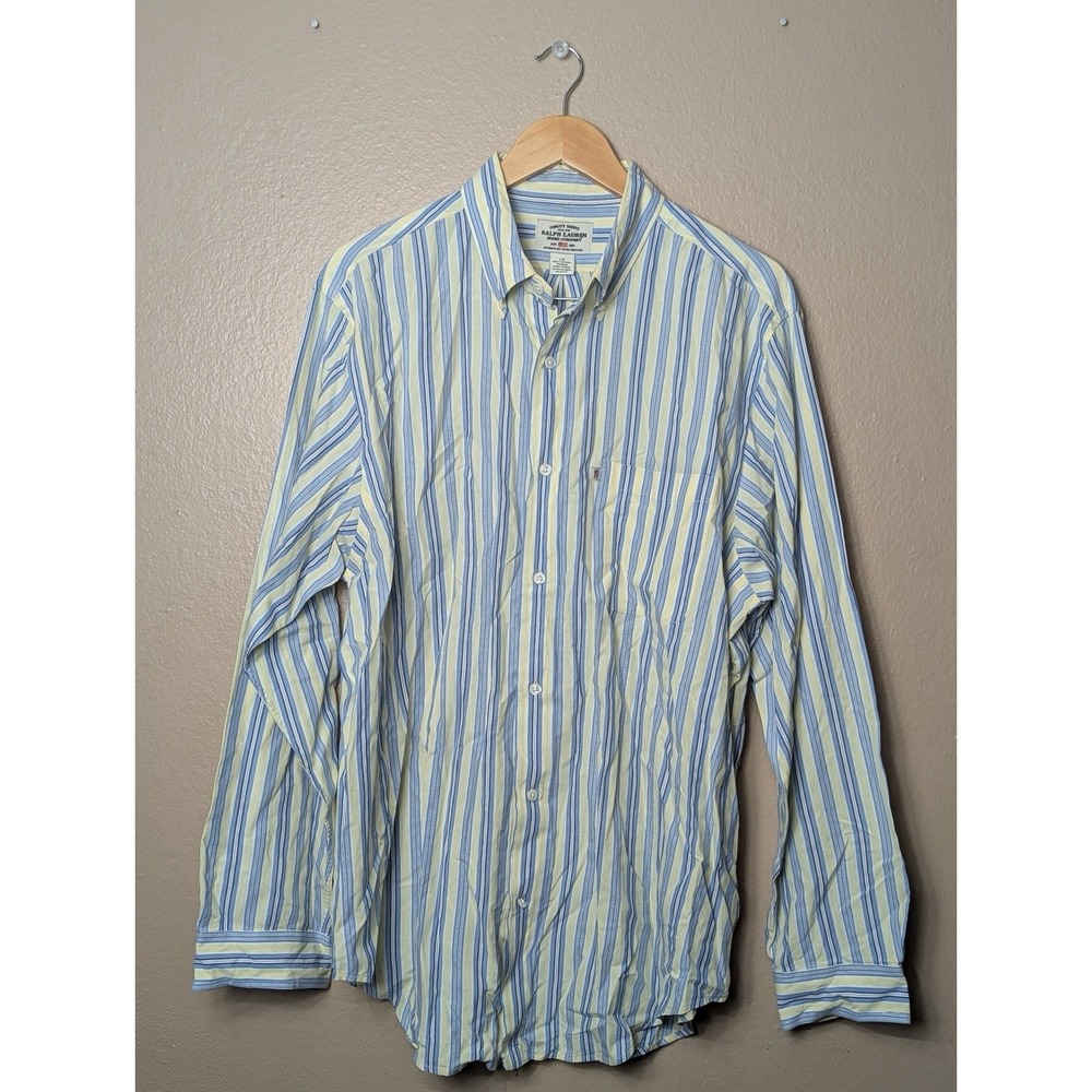 Ralph Lauren Jeans Co Shirt Mens Large Yellow Blue Stripe Button Down Cotton